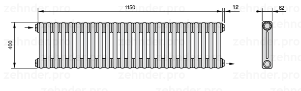 Схема (чертеж) Радиатор Zehnder Charleston 2040/25 №1670 Белый глянцевый RAL 9016
